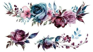 azul y borgoña rosas con leña menuda y hojas para floral composiciones foto