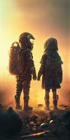Abandoned Children Holding Hands in a Biomechanical Landscape photo