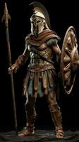 Greek Hoplite Warrior with Battle Scars and War Paint Standing in Motion Graphics photo