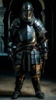 Medieval Knight with Battle Scars and War Paint Standing in Motion Graphics photo