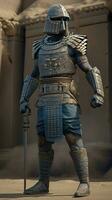 Sumerian Warrior with Battle Scars and War Paint in Full Body Shot photo