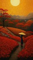 Intricate NeoImpressionist and Ukiyoe Fusion Paper Art of Rolling Poppy Fields in Japan photo