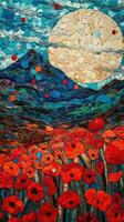 Intricate NeoImpressionist and Ukiyoe Fusion Paper Art of Rolling Poppy Fields in Japan photo