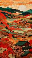 intrincado neoimpresionista y ukiyoe fusión papel Arte de laminación amapola campos en Japón foto