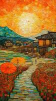 Intricate NeoImpressionist and Ukiyoe Fusion Paper Art of Rolling Poppy Fields in Japan photo