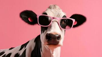Humorous Cow Wearing Sunglasses in Pink Studio Background Perfect for Invitations and Posters photo