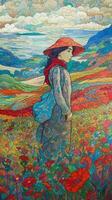 Intricate NeoImpressionist and Ukiyoe Fusion Paper Art of Rolling Poppy Fields in Japan photo