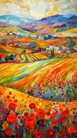 Intricate NeoImpressionist and Ukiyoe Fusion Paper Art of Rolling Poppy Fields in Japan photo