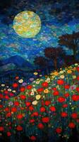 Intricate NeoImpressionist and Ukiyoe Fusion Paper Art of Rolling Poppy Fields in Japan photo