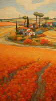 Intricate NeoImpressionist and Ukiyoe Fusion Paper Art of Rolling Poppy Fields in Japan photo