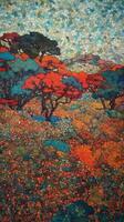 Intricate NeoImpressionist and Ukiyoe Fusion Paper Art of Rolling Poppy Fields in Japan photo