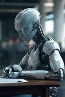 Futuristic AI Human Robot Taking an Exam with HyperRealistic Details photo
