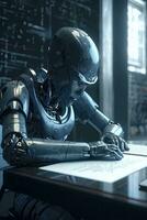 Futuristic AI Human Robot Taking an Exam with HyperRealistic Details photo