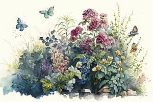 Colorful Garden Scene with Flowers and Butterflies in Watercolors photo