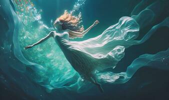 Graceful Young Woman Swimming and Floating Underwater in a Flowing Environment photo