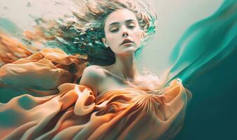 Graceful Young Woman Swimming and Floating Underwater in a Flowing Environment photo