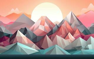 Pastel Geometric Mountain and Beach Landscape with Sun photo