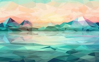 Pastel Geometric Mountain and Beach Landscape with Sun photo