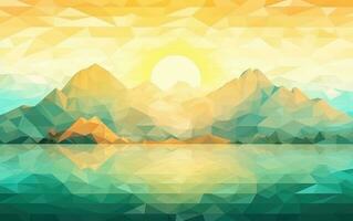 Pastel Geometric Mountain and Beach Landscape with Sun photo