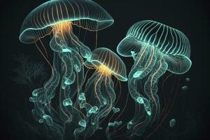 Glowing Sea Jellyfishes on Dark Background A Stunning Digital Artwork photo