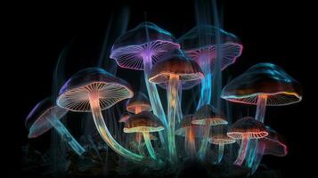 Glowing Colorful Mushrooms on Black Background photo