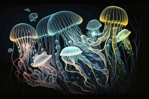 Glowing Sea Jellyfishes on Dark Background  A Stunning Digital Artwork photo