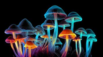 Glowing Colorful Mushrooms on Black Background photo