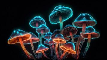 Glowing Colorful Mushrooms on Black Background photo