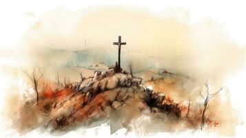 Watercolor Painting of Cross on Mount Calvary for Good Friday photo