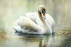 Graceful Swan Swimming in a Serene Watercolor Lake photo