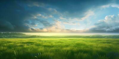 Vibrant Landscape with Green Fields and Azure Sky for Banner and Background photo