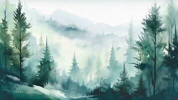 Misty Winter Wonderland A Watercolor Landscape of a Frozen Taiga Forest photo