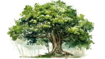 Vibrant Watercolor Illustration of an Isolated Green Tree on White Background photo