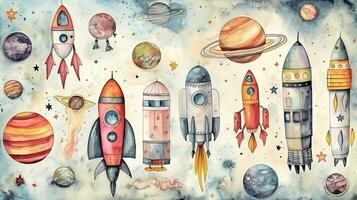 Colorful Space Adventure for Kids HandDrawn Rockets Planets and Astronauts on Watercolor Background photo