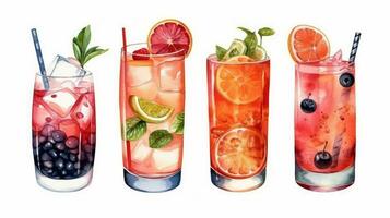 Refreshing HandDrawn Watercolor Summer Cocktails on White Background photo