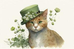 Happy St Patricks Day Cat with Clover Hat and Flowers Watercolor Illustration photo