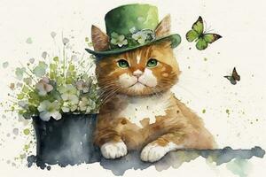 Happy St Patricks Day Cat with Clover Hat and Flowers Watercolor Illustration photo