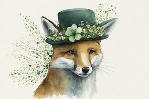 Festive Fox Celebrating St Patricks Day with Shamrock Hat and Flowers in Watercolor photo