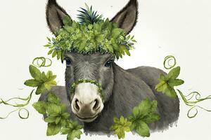 Cheerful Donkey Celebrating St Patricks Day with Clover Wreath and Flowers photo