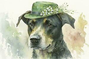 Cheerful Dog Celebrating St Patricks Day with Green Hat and Flowers in Watercolor Style photo