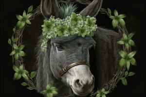 Cheerful Donkey Celebrating St Patricks Day with Clover Wreath and Flowers photo