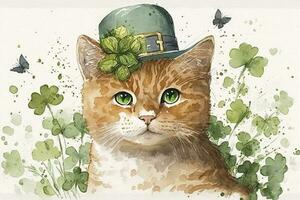 Happy St Patricks Day Cat with Clover Hat and Flowers Watercolor Illustration photo