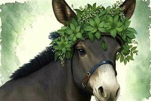 Cheerful Donkey Celebrating St Patricks Day with Clover Wreath and Flowers photo