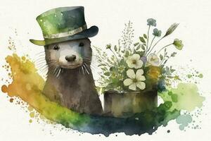 contento S t patricks día nutria con maceta de oro y flores acuarela Arte foto