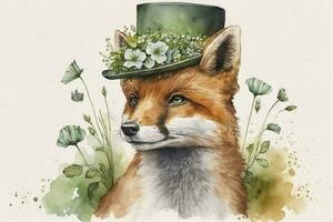 Festive Fox Celebrating St Patricks Day with Shamrock Hat and Flowers in Watercolor photo