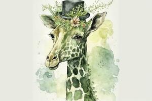 Happy St Patricks Day Giraffe with Green Scarf Hat and Flowers Watercolor photo