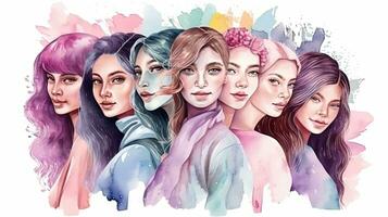 celebrando internacional De las mujeres día con un alegre acuarela ilustración de un grupo de mujer foto