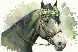 Celebrate St Patricks Day with a Colorful Watercolor Horse and Horseshoe photo