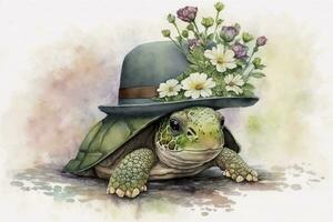 Cheerful Turtle Celebrating St Patricks Day with a Green Hat and Flowers in a Watercolor Illustration photo