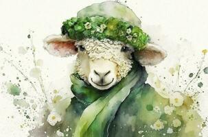 Cheerful Sheep Celebrating St Patricks Day with Green Scarf and Hat photo